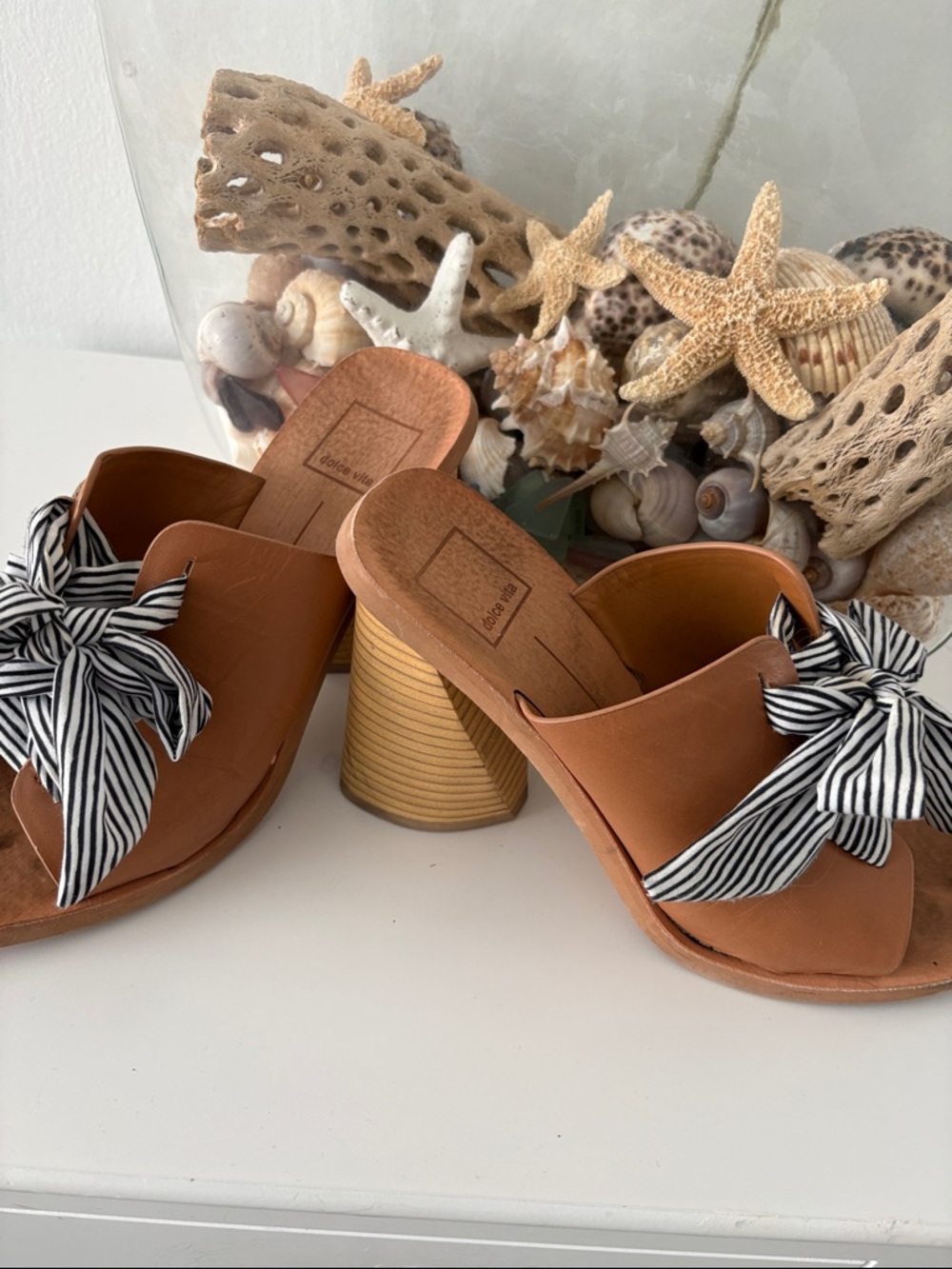 Dolce Vita Brown Leather Block Heel Mules with Black-and-White Striped Bow